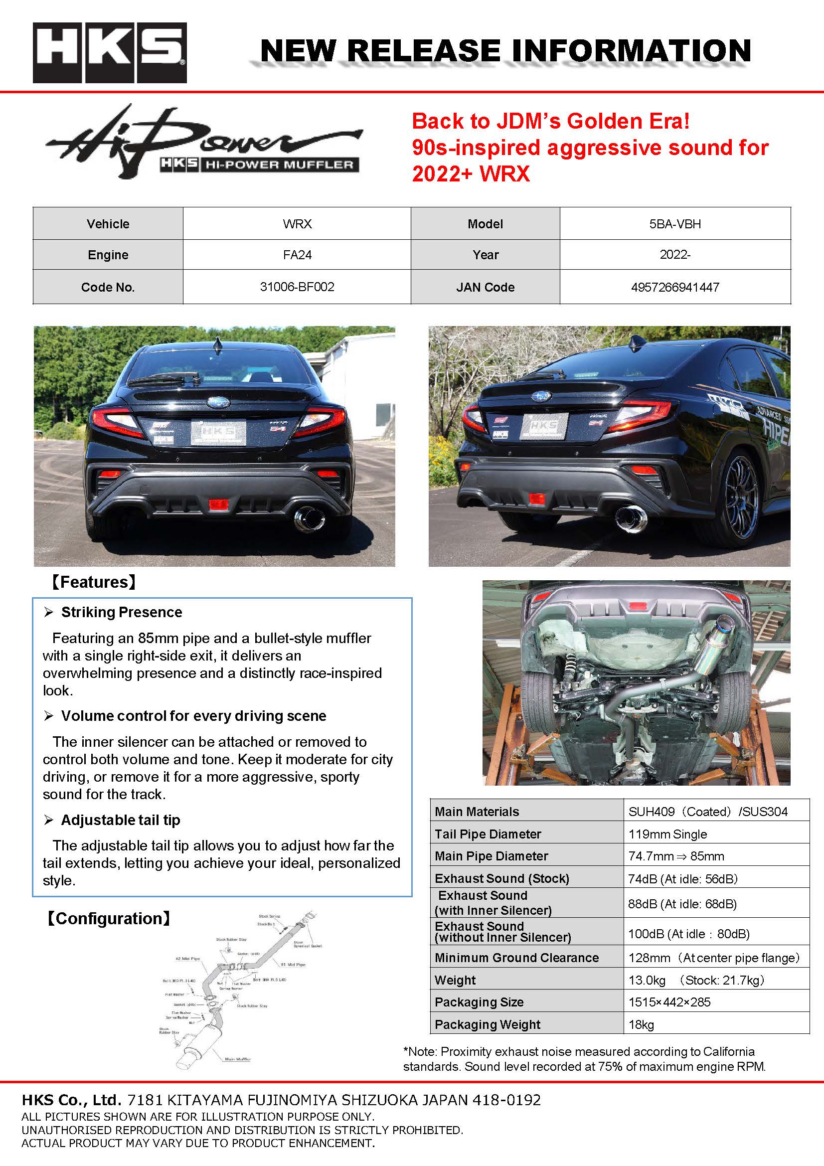 HKS Hi-Power Muffler VBH FA24 Single Exit Catback Exhaust System - 2022+ Subaru WRX - Image 4